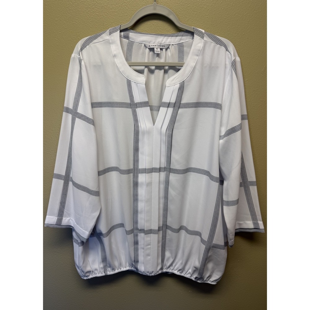 41 Hawthorn Blouse White Black Windowpane 3/4 Sleeve Career Popover Size XXL